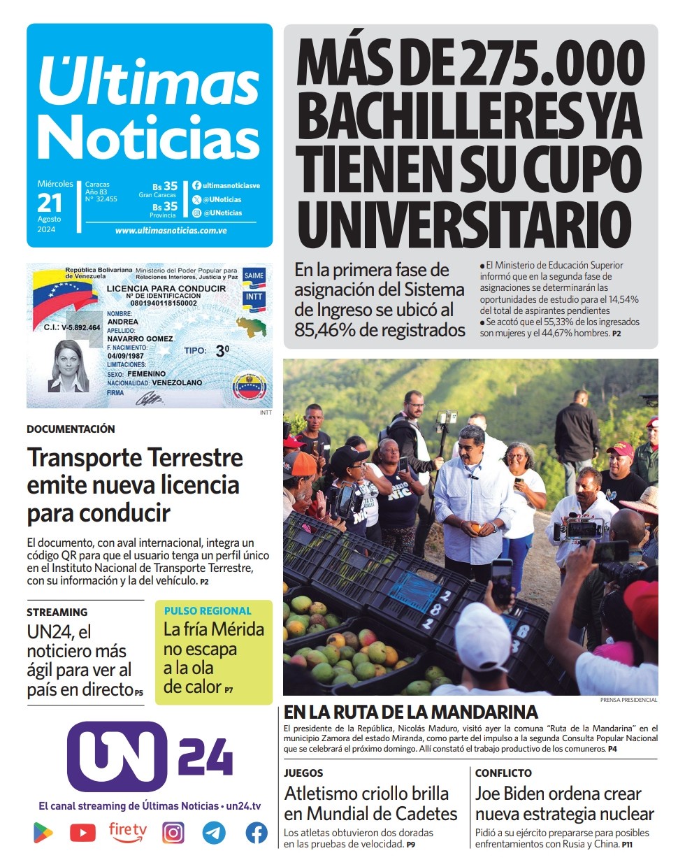 Titulares de la prensa nacional para este 21 de agosto