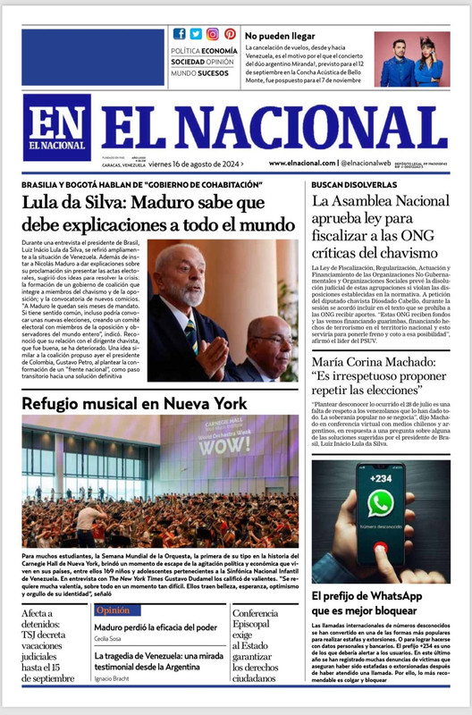 Titulares de la prensa nacional para este 16 de agosto