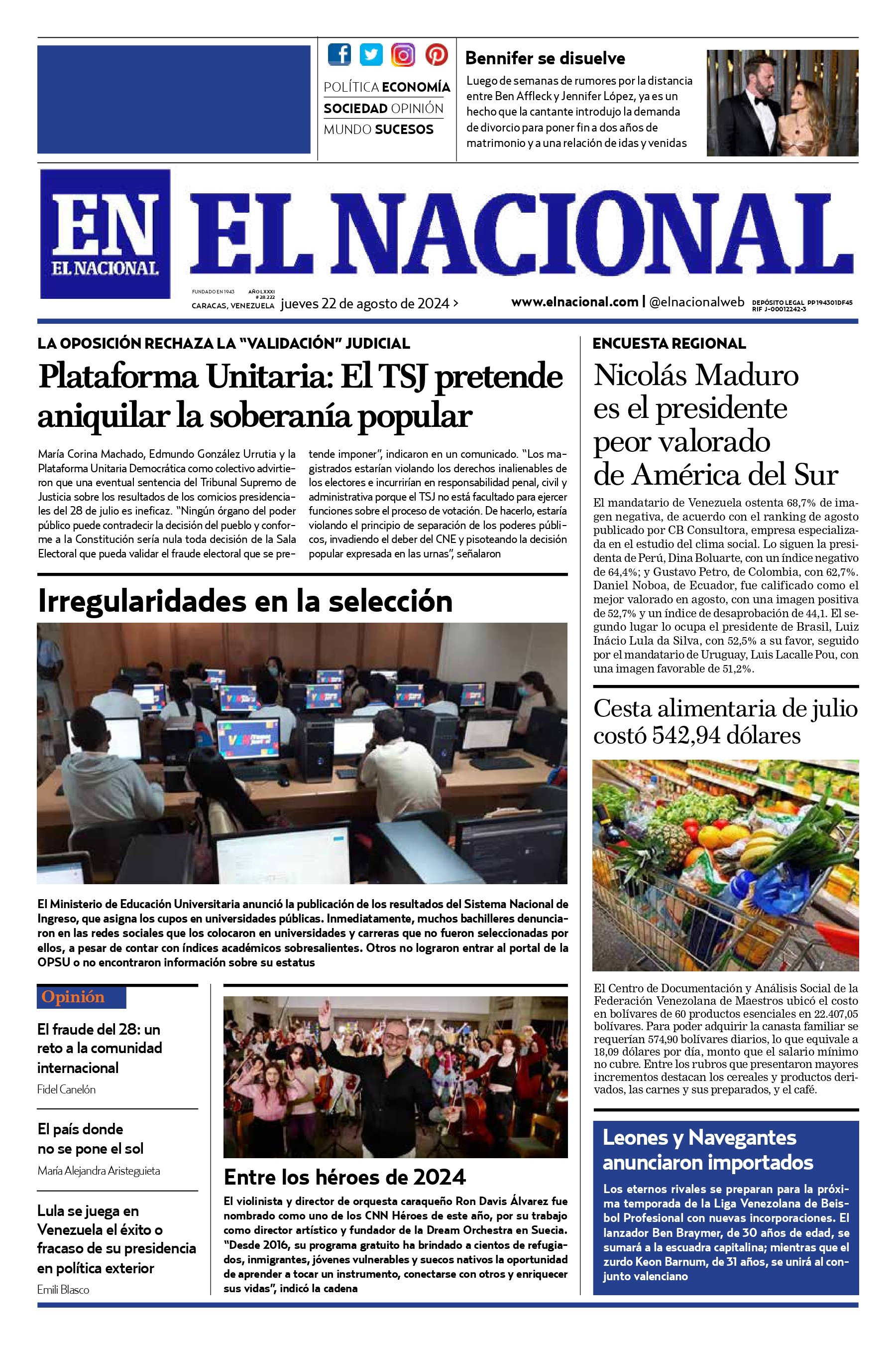 Titulares de la prensa nacional para este 22 de agosto