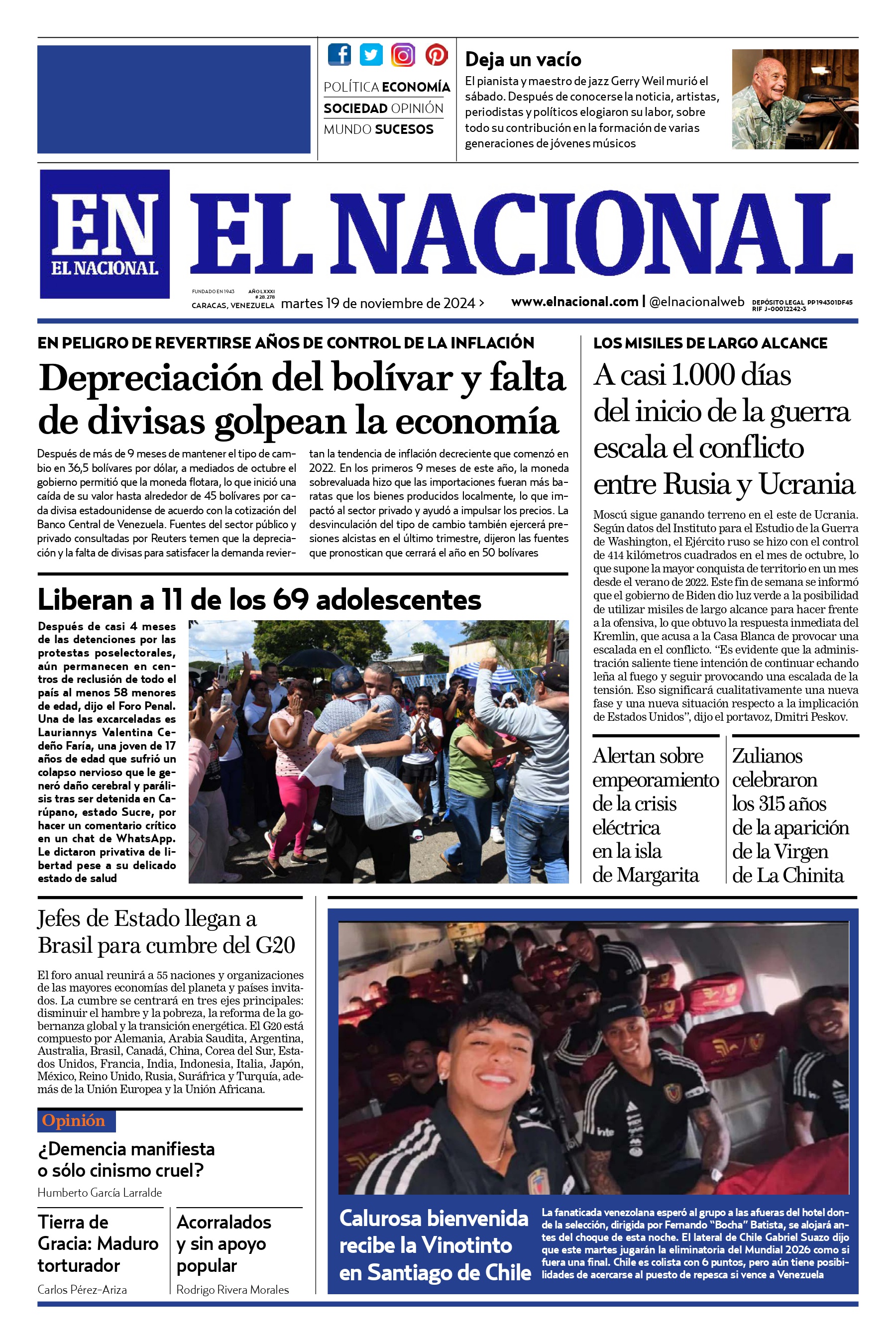 Titulares de la prensa nacional para este 19 de noviembre