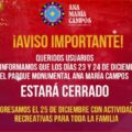 Parque Ana María Campos cerrará sus puertas por Navidad