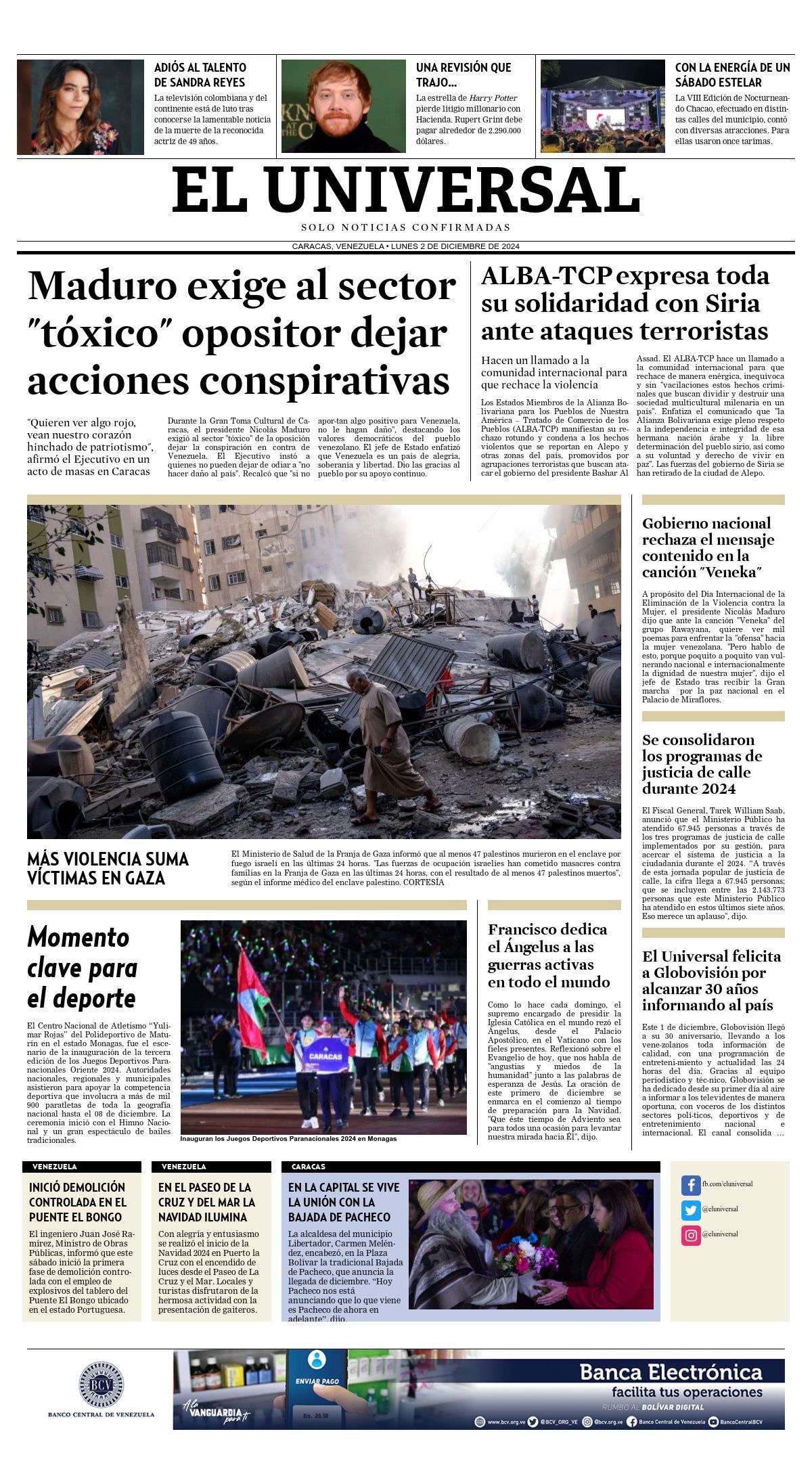 Titulares de la prensa nacional para este 02 de diciembre