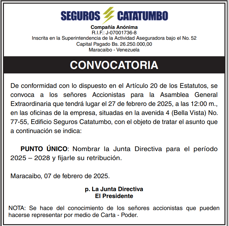 Seguros Catatumbo; Convocatoria Asamblea General Extraordinaria