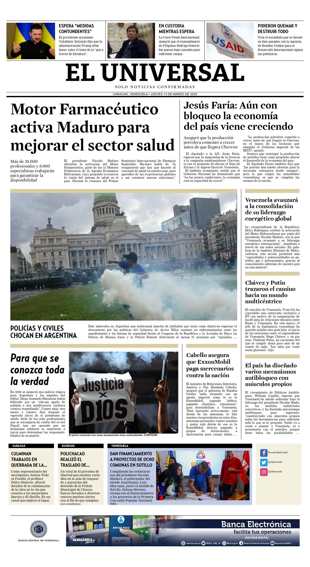 Titulares de la prensa nacional para este jueves 13 de marzo